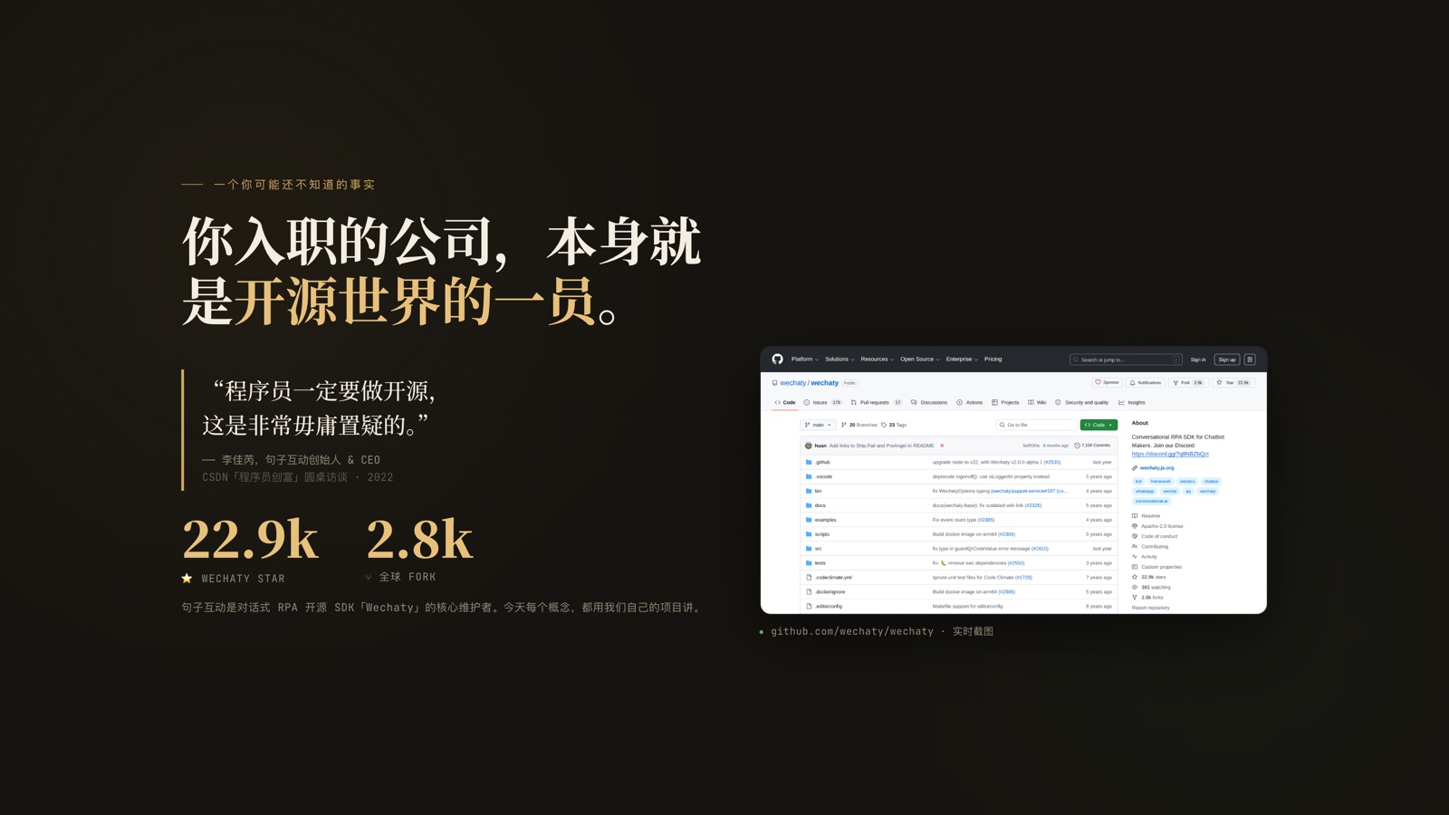 PPT 页:你入职的公司,本身就是开源世界的一员。配 wechaty/wechaty 仓库实时截图,两万两千多颗 Star